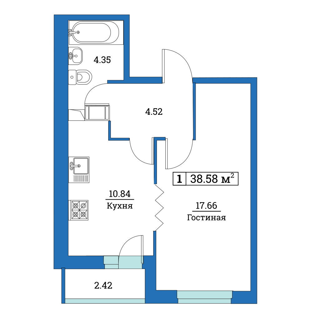 1-комнатная, 39 м² — ЖК ЖК Цвета радуги