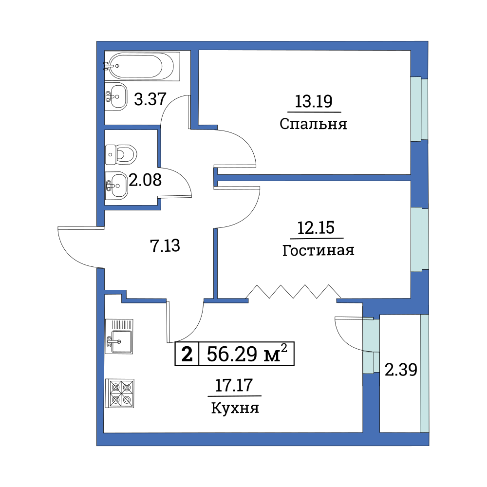 2-комнатная, 56 м² — ЖК ЖК Цвета радуги