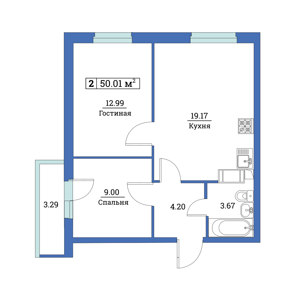 2-комнатная, 50 м² — ЖК ЖК Цвета радуги
