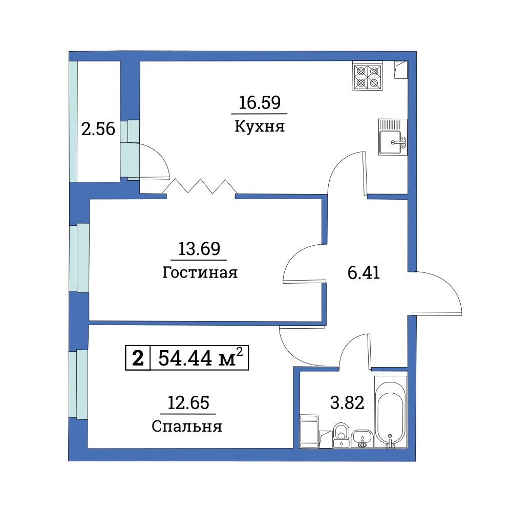 2-комнатная, 54 м² — ЖК ЖК Цвета радуги