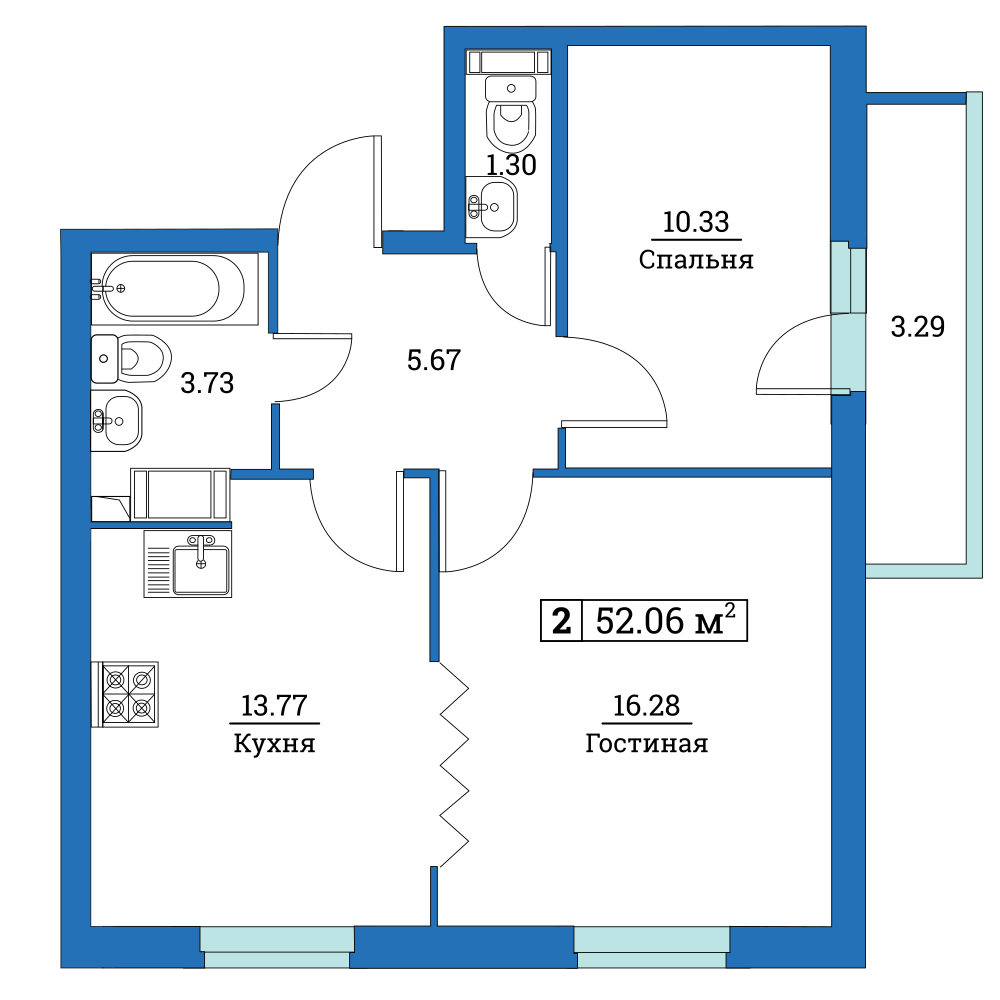 2-комнатная, 52 м² — ЖК ЖК Цвета радуги