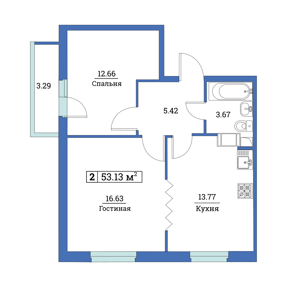 2-комнатная, 53 м² — ЖК ЖК Цвета радуги