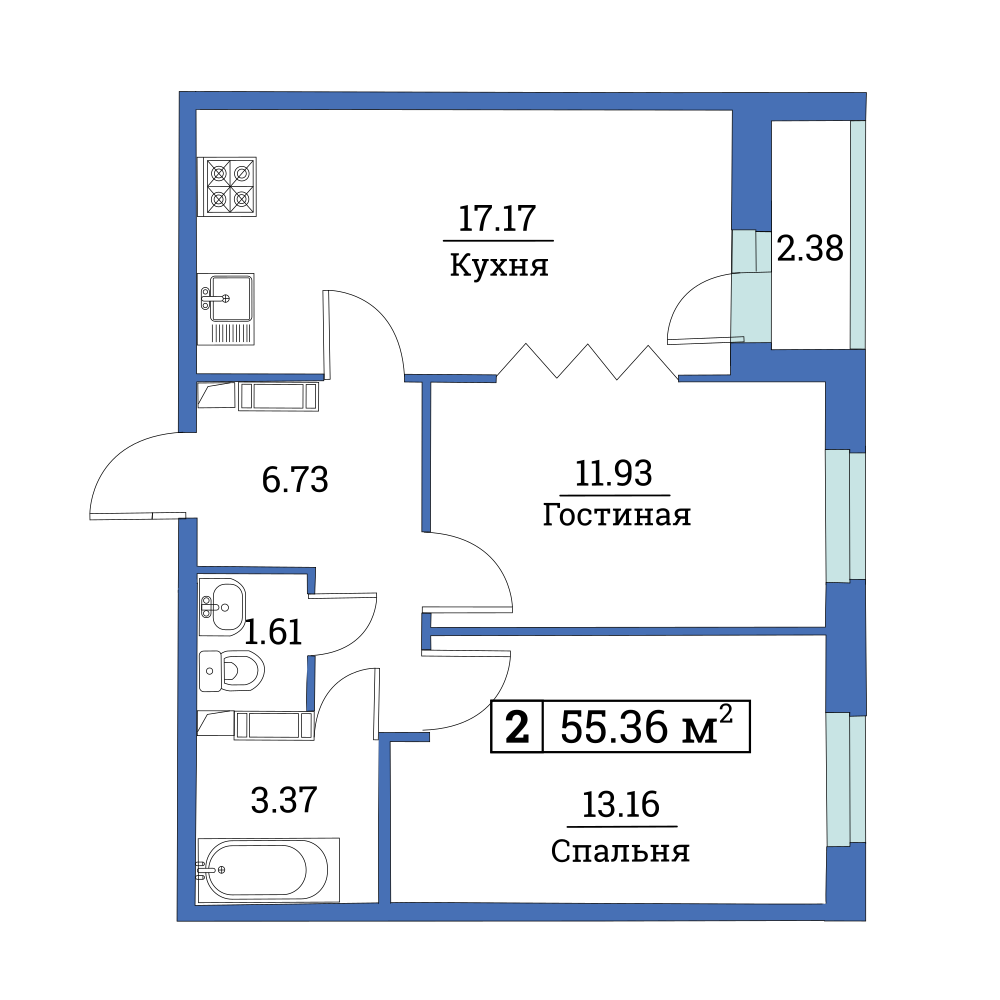 2-комнатная, 55 м² — ЖК ЖК Цвета радуги