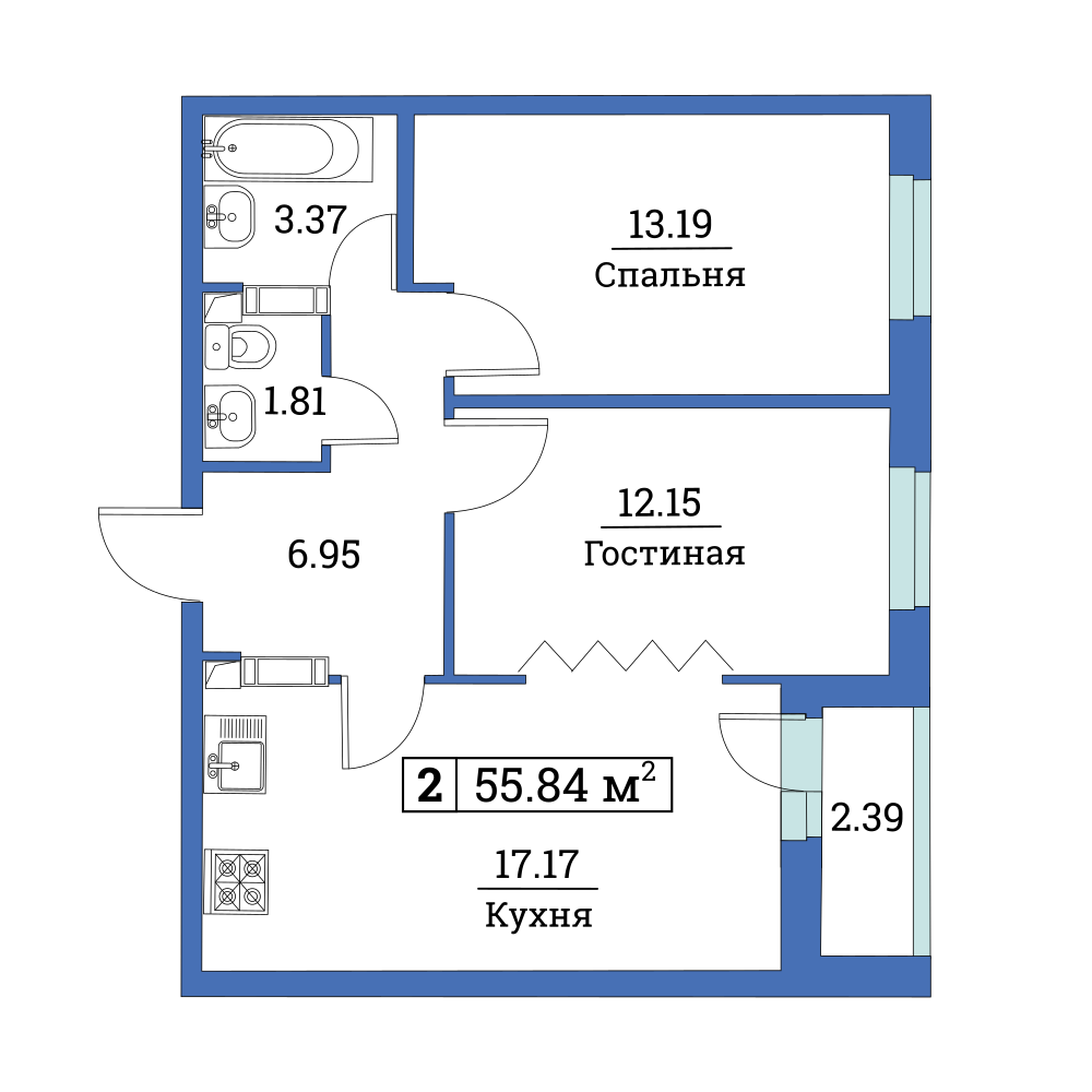 2-комнатная, 56 м² — ЖК ЖК Цвета радуги