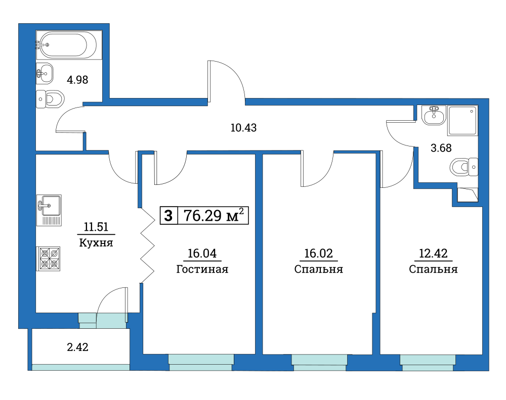 3-комнатная, 76 м² — ЖК ЖК Цвета радуги