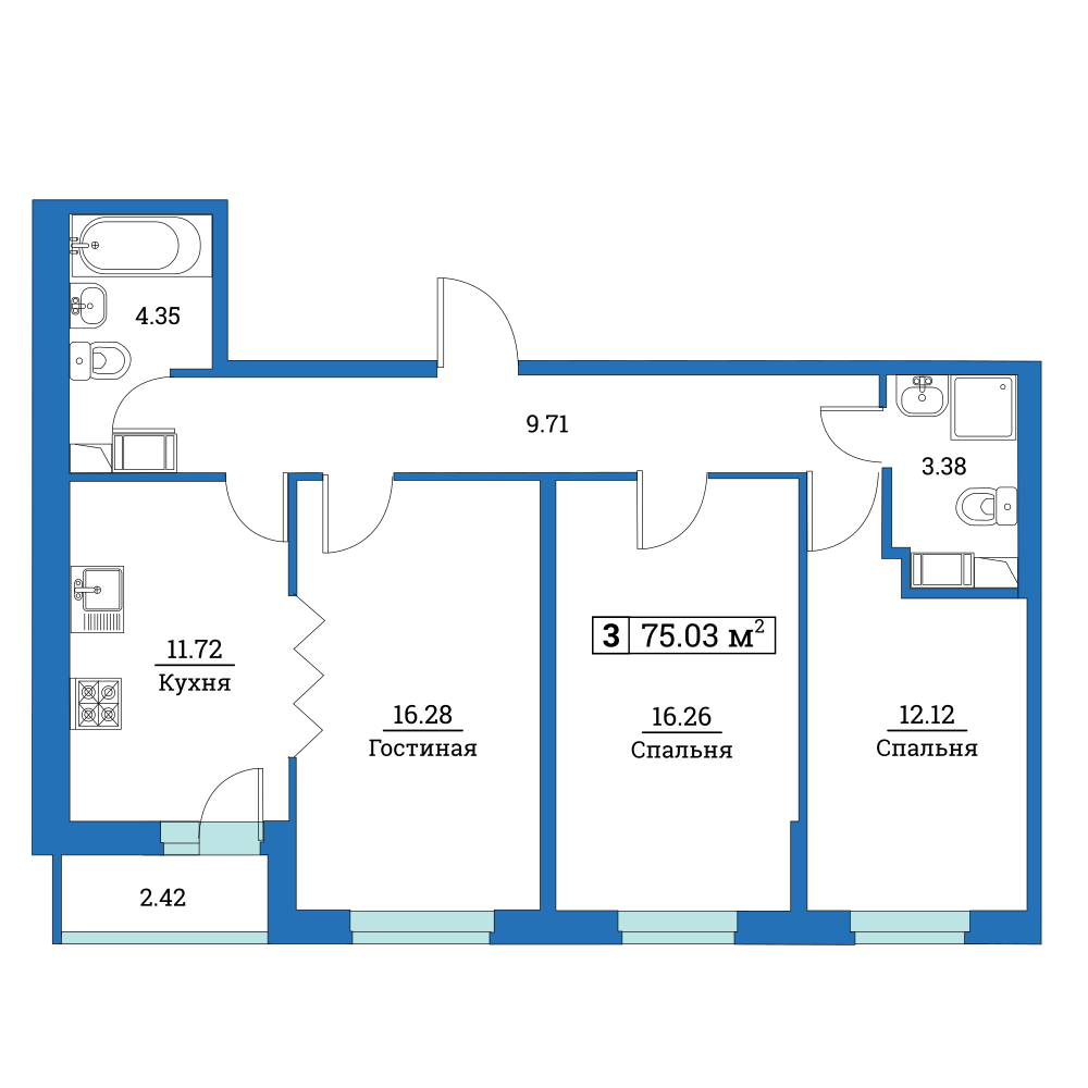 3-комнатная, 75 м² — ЖК ЖК Цвета радуги