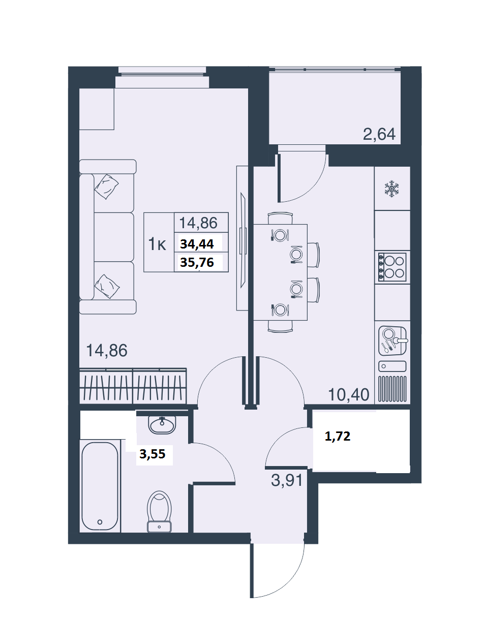 1-комнатная, 34 м² — ЖК ЖК Мурино Парк