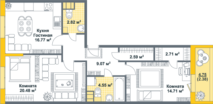 2-комнатная, 76 м² — ЖК ЖК Тихая гавань (Светлый мир)