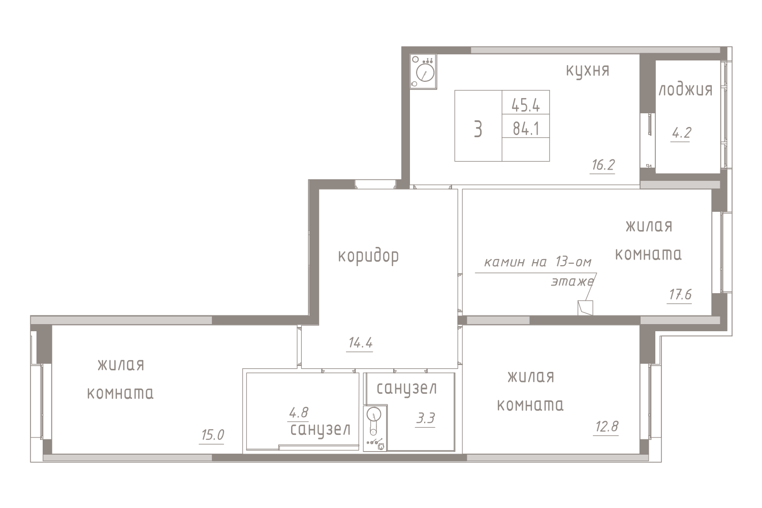 3-комнатная, 86 м² — ЖК ЖК Лайф Лесная