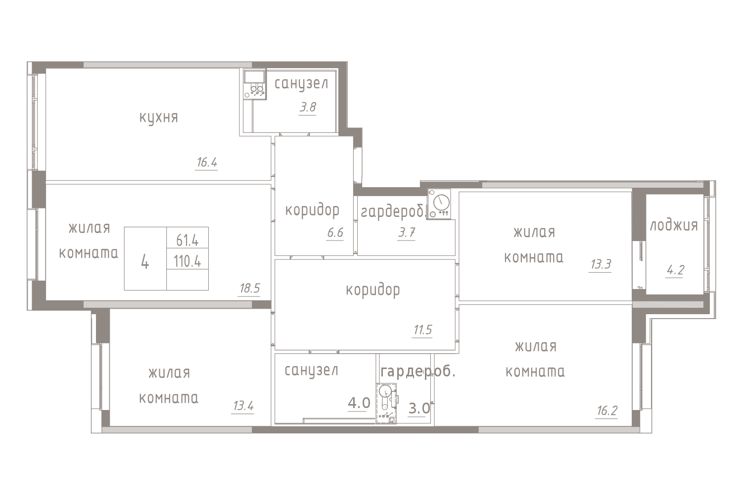 4-комнатная, 113 м² — ЖК ЖК Лайф Лесная
