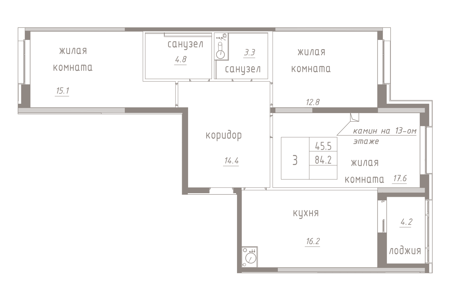 3-комнатная, 86 м² — ЖК ЖК Лайф Лесная