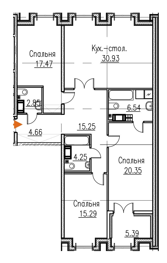 3-комнатная, 116 м² — ЖК Клубный дом Петровский квартал на воде