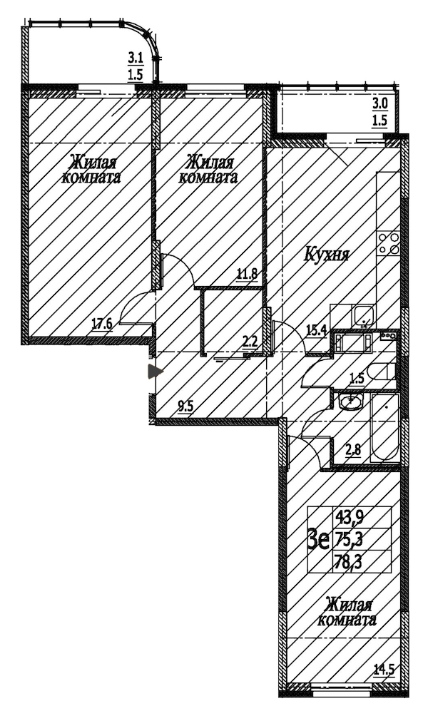 3-комнатная, 78 м² — ЖК ЖК Энфилд