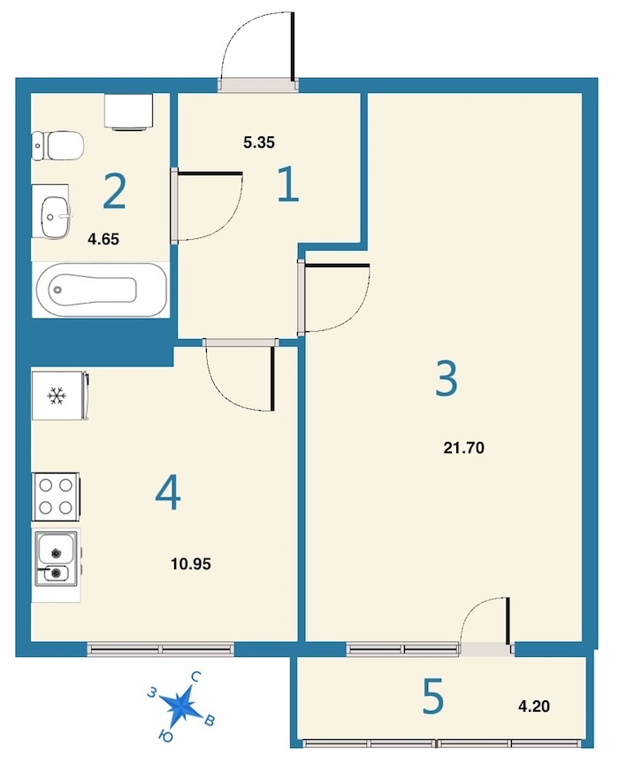 1-комнатная, 44 м² — ЖК ЖК Дом на Космонавтов
