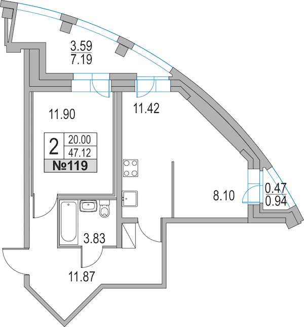 2-комнатная, 47 м² — ЖК ЖК Приморский квартал