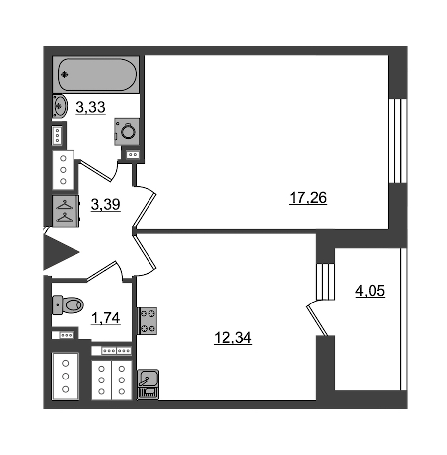 1-комнатная, 38 м² — ЖК ЖК Пульс на набережной (ЖК Pulse на набережной)