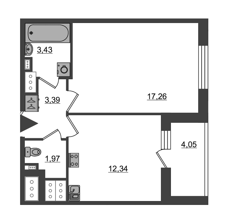 1-комнатная, 38 м² — ЖК ЖК Пульс на набережной (ЖК Pulse на набережной)