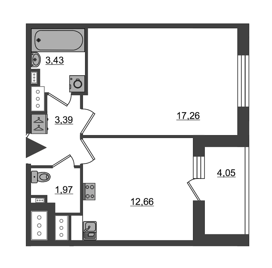 1-комнатная, 39 м² — ЖК ЖК Пульс на набережной (ЖК Pulse на набережной)