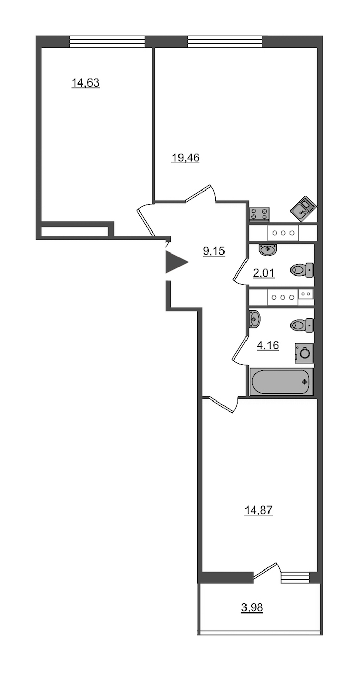 2-комнатная, 64 м² — ЖК ЖК Пульс на набережной (ЖК Pulse на набережной)