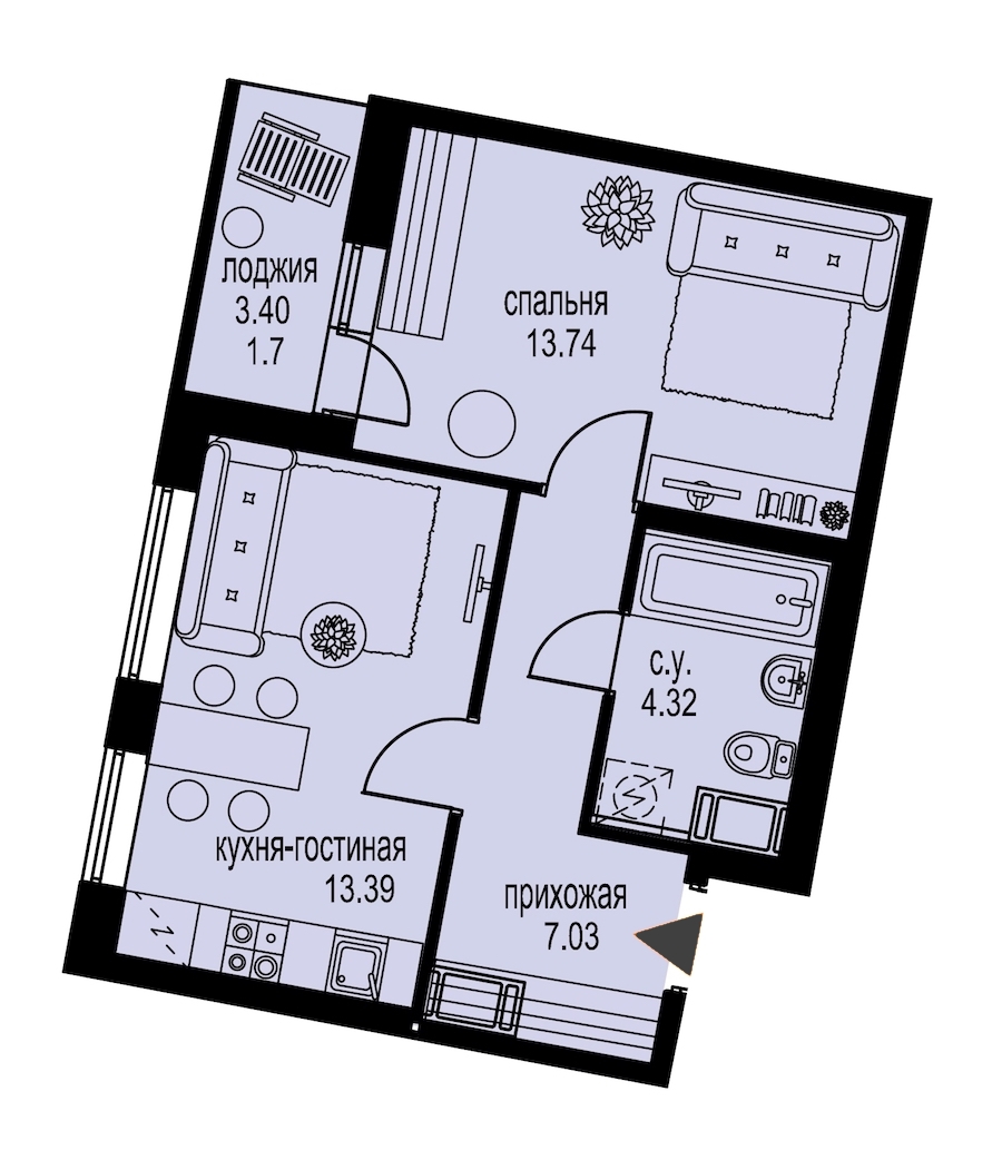 1-комнатная, 40 м² — ЖК ЖК ID Мурино (Айди Мурино)