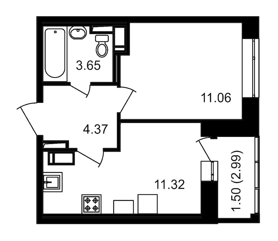 1-комнатная, 33 м² — ЖК ЖК Елизаровский