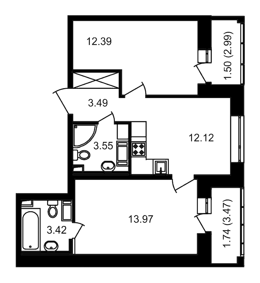2-комнатная, 55 м² — ЖК ЖК Елизаровский