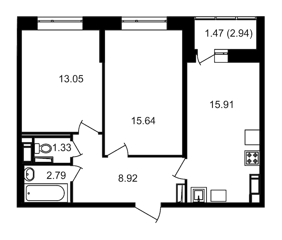2-комнатная, 61 м² — ЖК ЖК Елизаровский