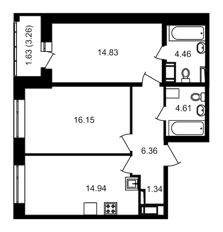 2-комнатная, 66 м² — ЖК ЖК Елизаровский