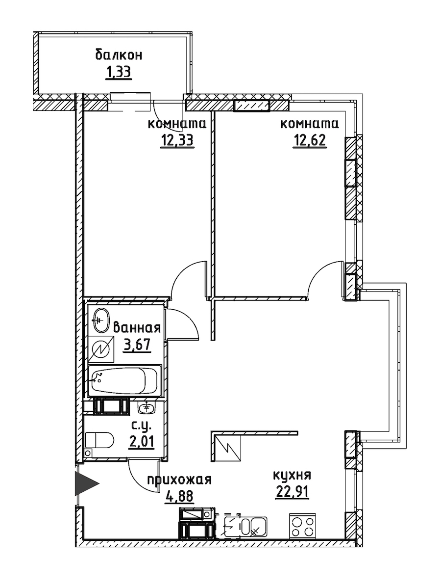 2-комнатная, 60 м² — ЖК ЖК Айди Кудрово (ID Kudrovo)