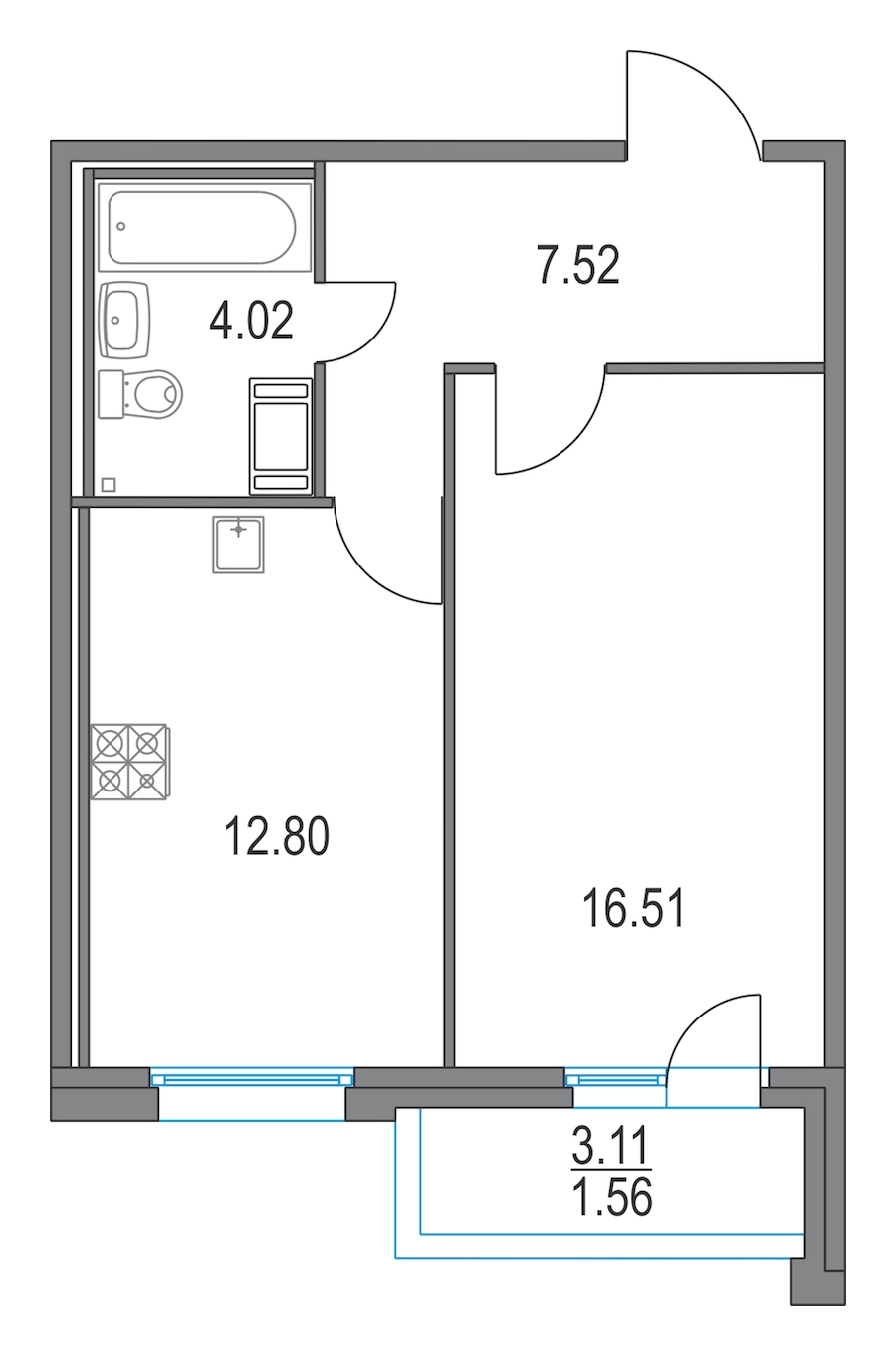 1-комнатная, 41 м² — ЖК ЖК Приморский квартал