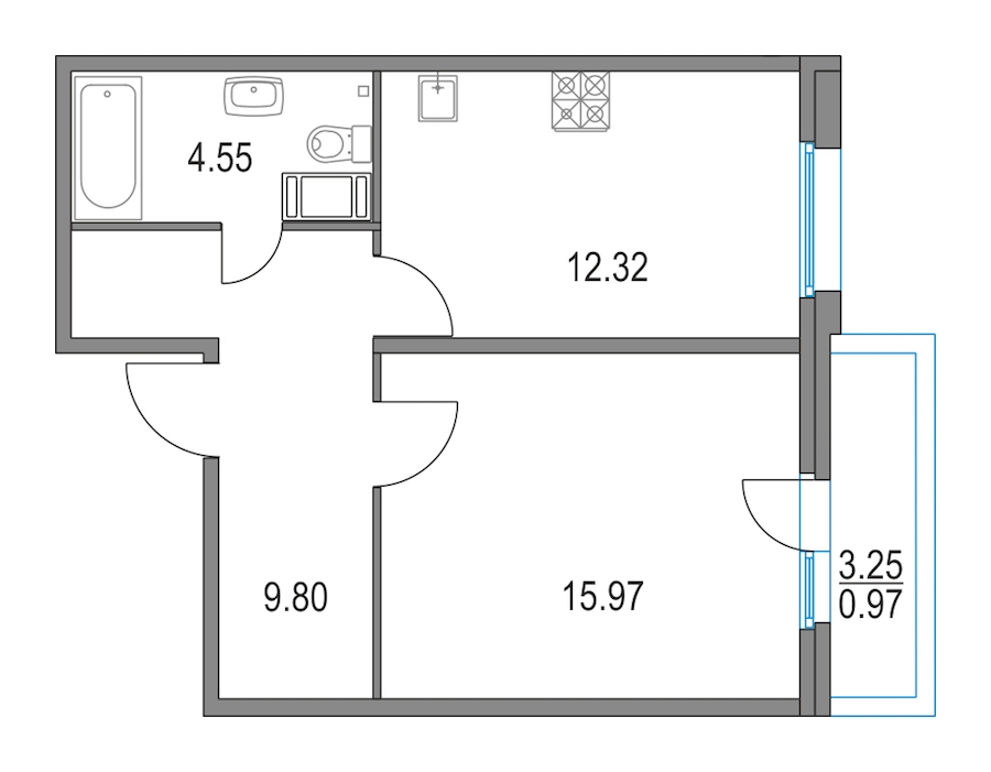 1-комнатная, 43 м² — ЖК ЖК Приморский квартал