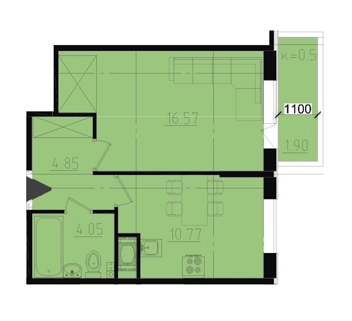 1-комнатная, 38 м² — ЖК ЖК Ювента