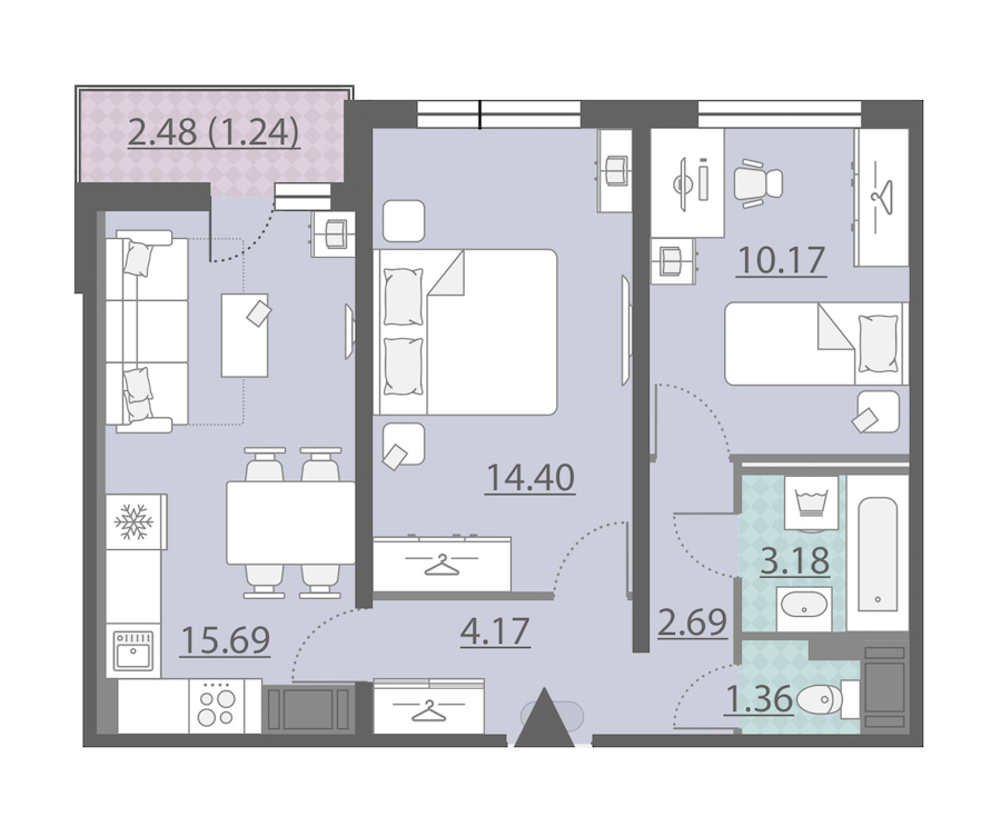 2-комнатная, 52 м² — ЖК ЖК Ручьи