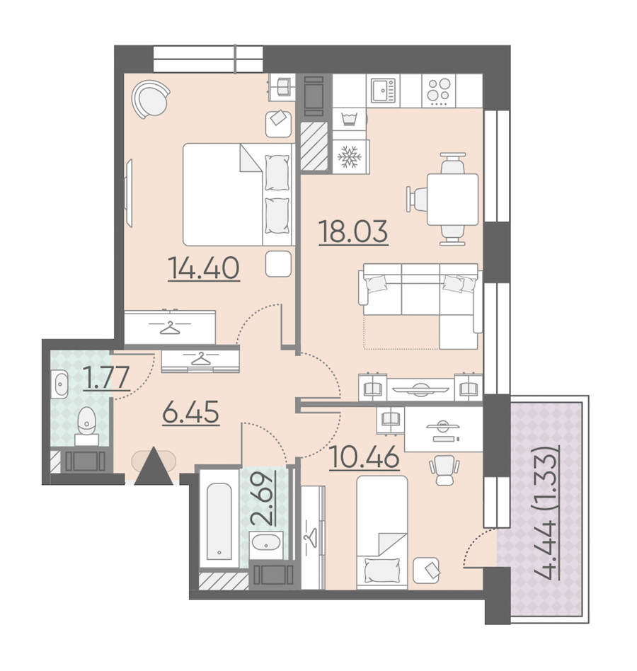 2-комнатная, 55 м² — ЖК ЖК Riviere Noire (Ривьер Нуар)