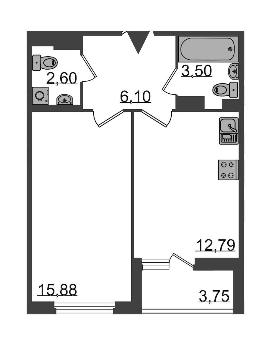 1-комнатная, 43 м² — ЖК Клубный дом Б57