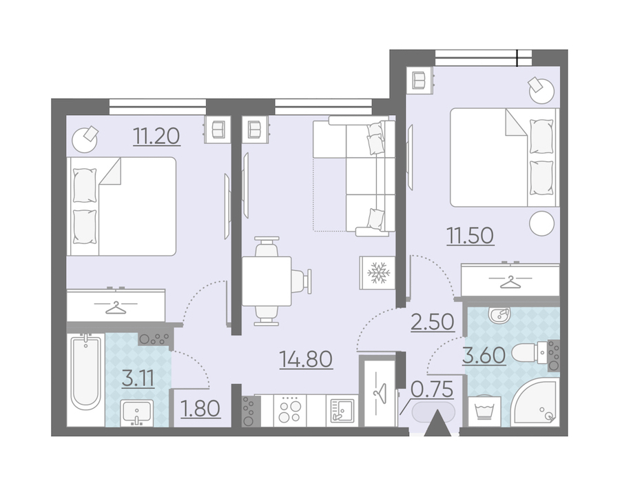 2-комнатная, 49 м² — ЖК ЖК Ручьи