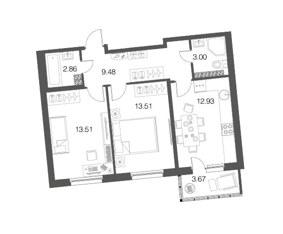 2-комнатная, 55 м² — ЖК ЖК ЭкоСити