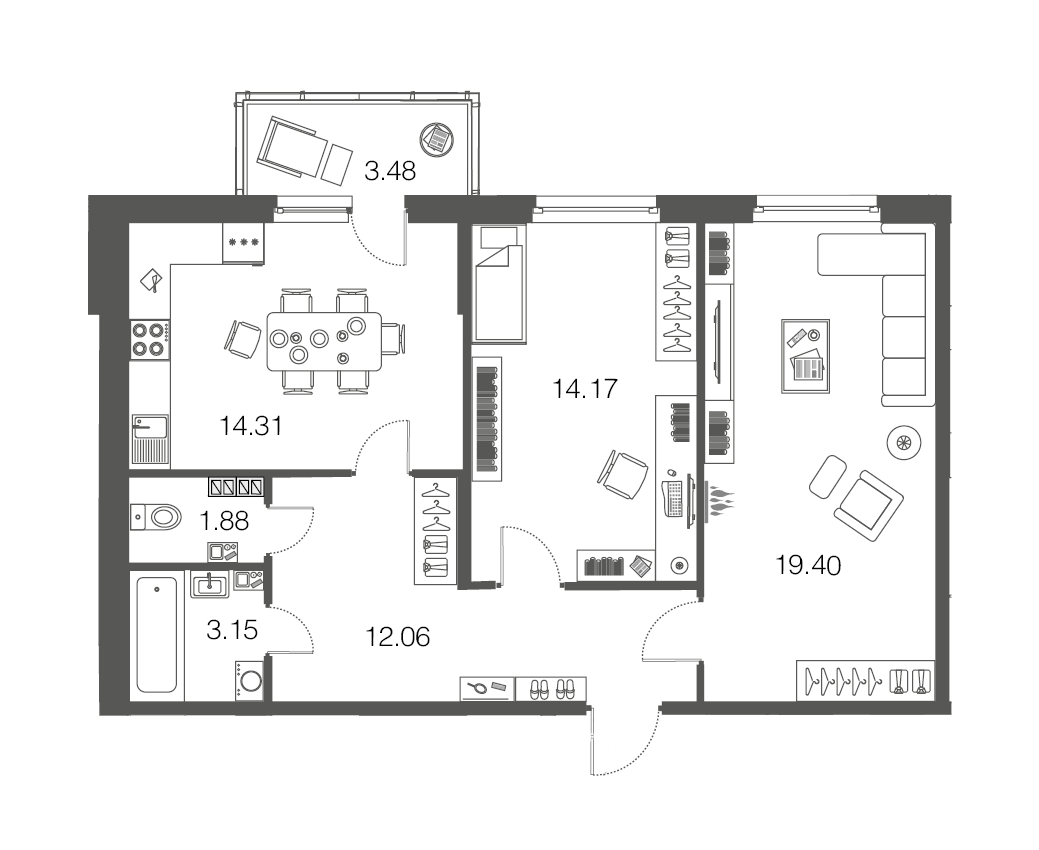 2-комнатная, 65 м² — ЖК ЖК ЭкоСити