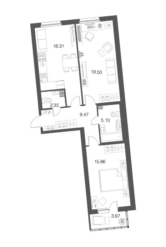 2-комнатная, 71 м² — ЖК ЖК ЭкоСити