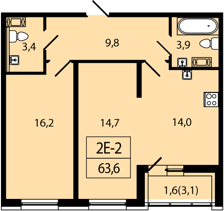 2-комнатная, 64 м² — ЖК ЖК Аист