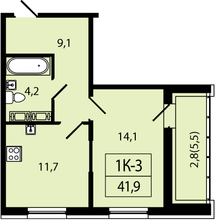 1-комнатная, 42 м² — ЖК ЖК Аист
