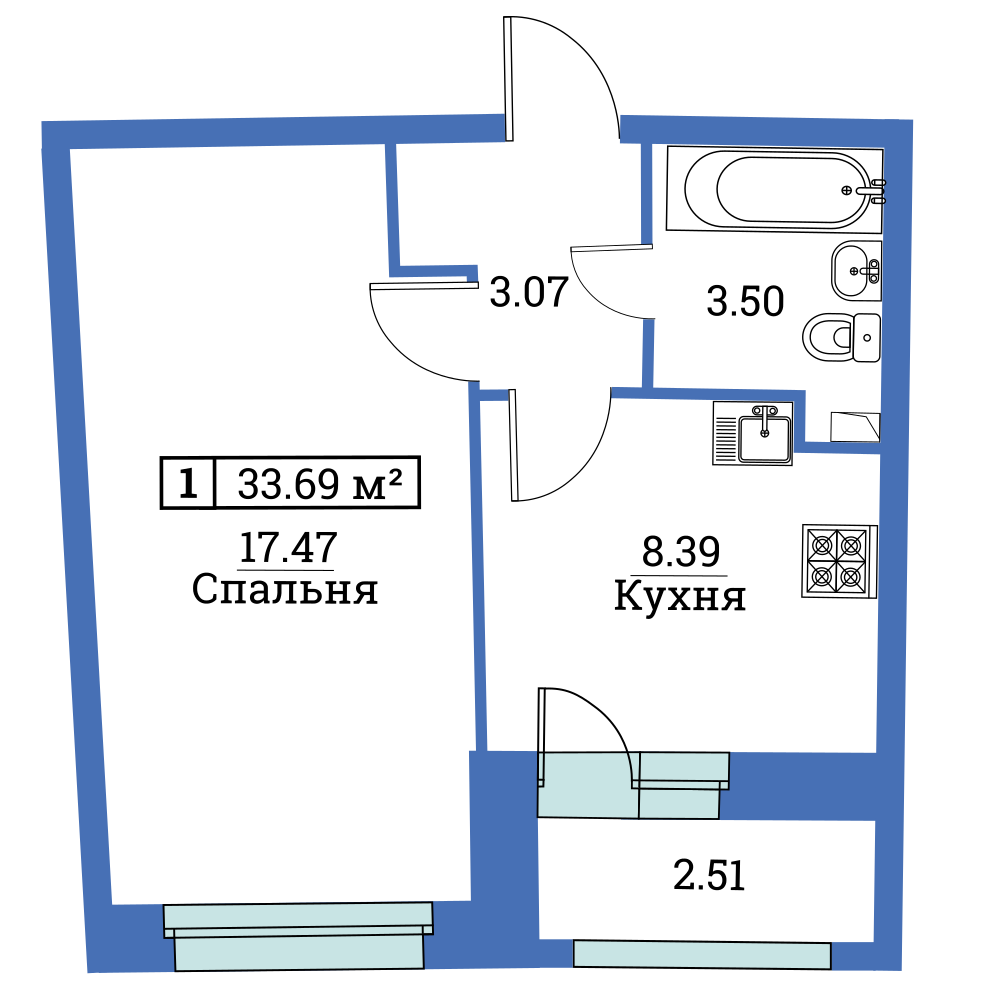 1-комнатная, 34 м² — ЖК ЖК «Авиатор (Aviator)»