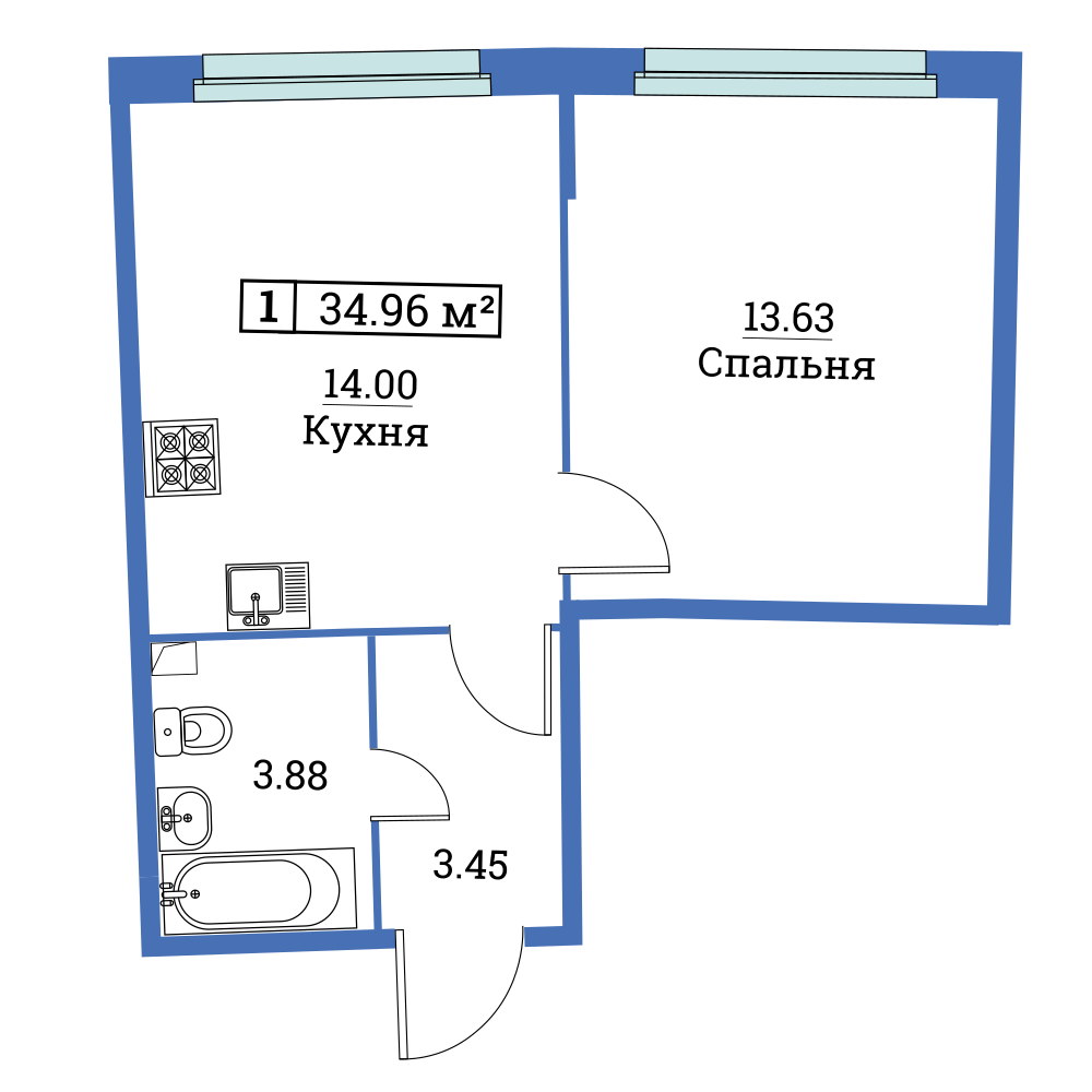 1-комнатная, 35 м² — ЖК ЖК «Авиатор (Aviator)»