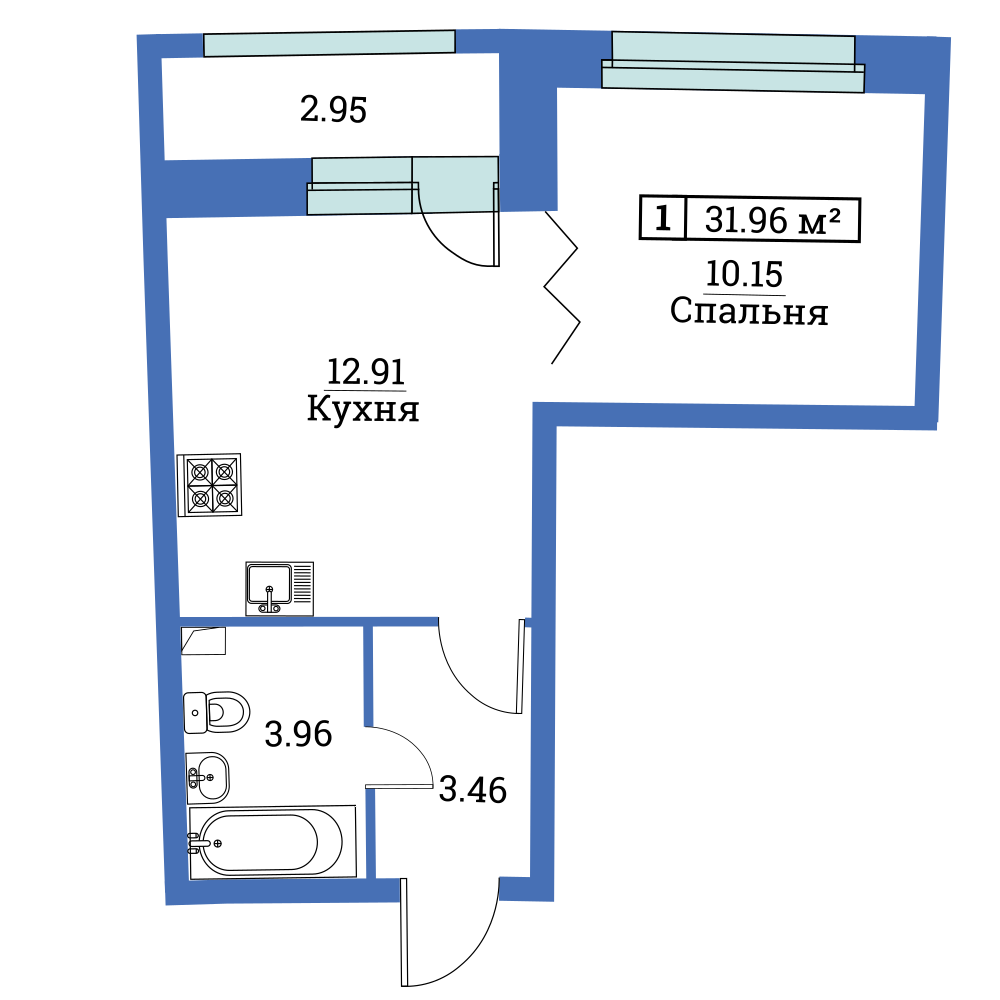 1-комнатная, 32 м² — ЖК ЖК «Авиатор (Aviator)»