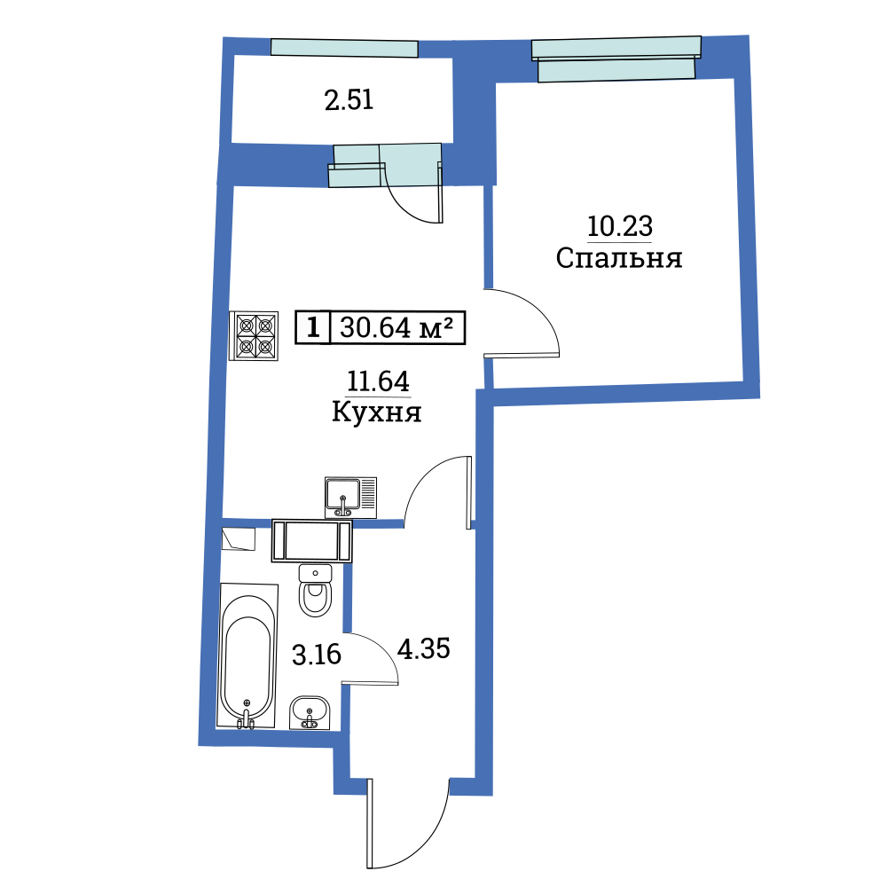 1-комнатная, 31 м² — ЖК ЖК «Авиатор (Aviator)»