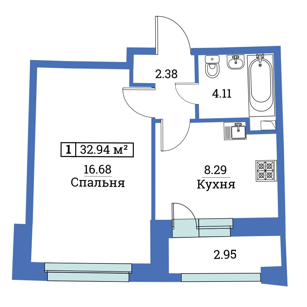 1-комнатная, 33 м² — ЖК ЖК «Авиатор (Aviator)»