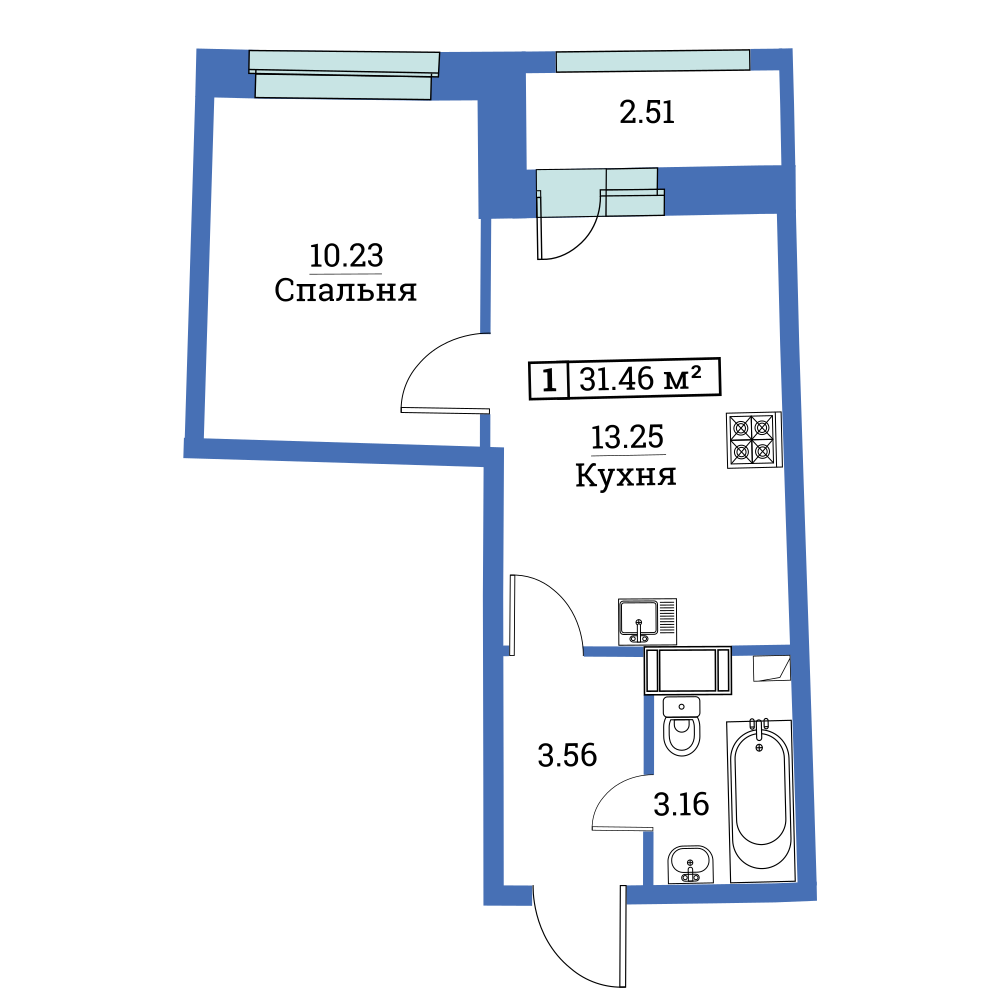 1-комнатная, 31 м² — ЖК ЖК «Авиатор (Aviator)»