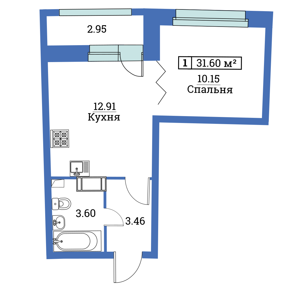 1-комнатная, 32 м² — ЖК ЖК «Авиатор (Aviator)»
