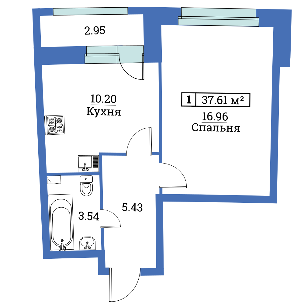 1-комнатная, 38 м² — ЖК ЖК «Авиатор (Aviator)»