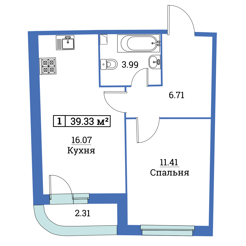 1-комнатная, 39 м² — ЖК ЖК «Авиатор (Aviator)»